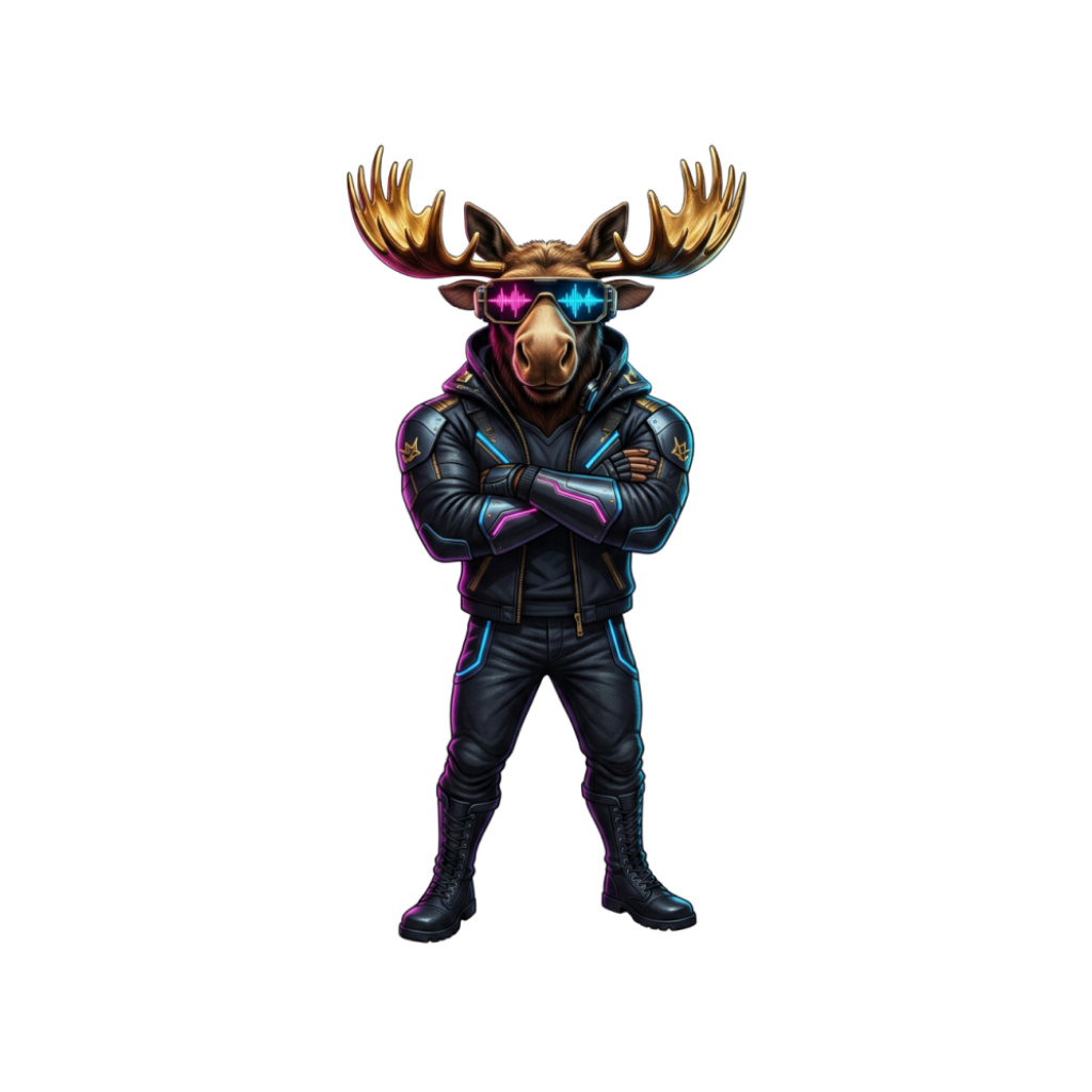 Tactical Talk AI mascot — a cyberpunk moose in a leather jacket wearing neon glasses
